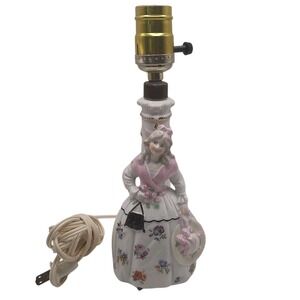 Vintage Dresden Porcelain Desk Lamp Colonial Lady Floral‎ Dress 1950s Works SEE